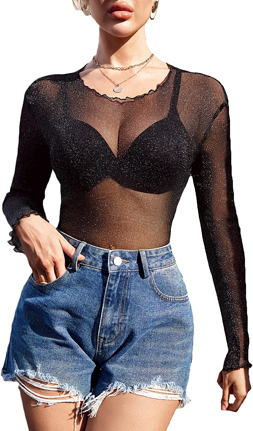Black mesh top long sleeve see through shirt with denim shorts, perfect for a night out