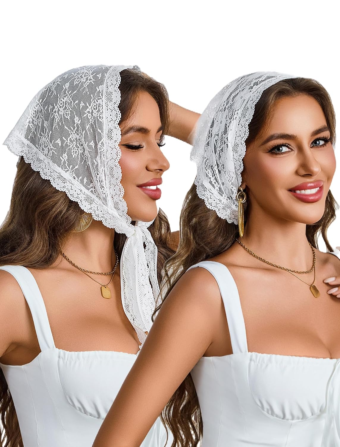 White lace triangle head scarves on two women, scalloped lace trim