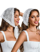 White lace triangle head scarves on two women, scalloped lace trim