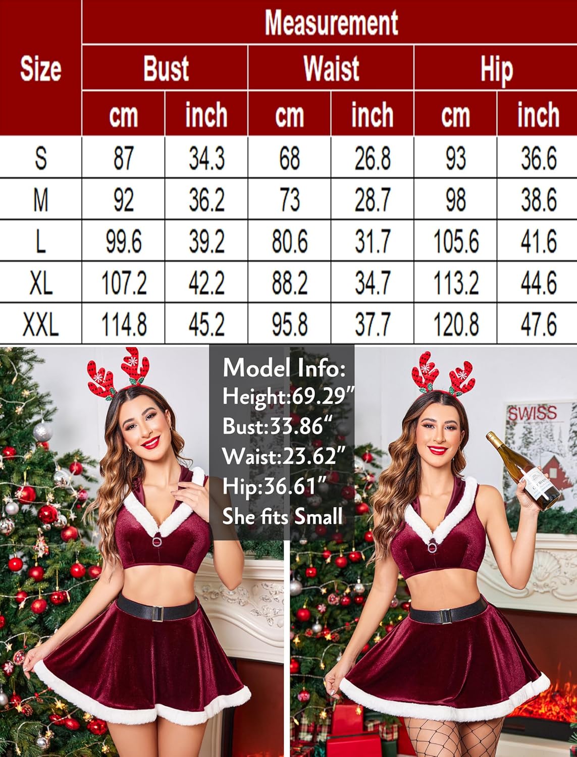 Burgundy Christmas lingerie set, hooded crop top and mini skirt, with size chart & model info.