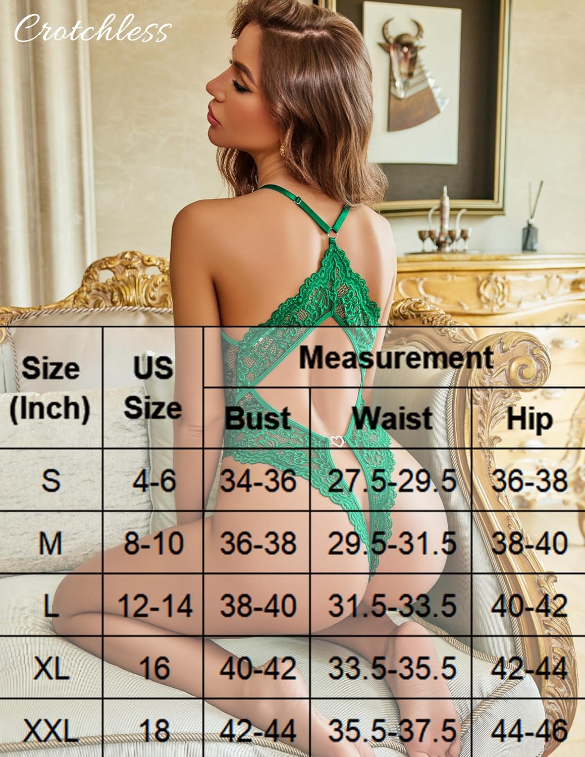 Green lace deep V teddy bodysuit with open crotch and size chart. Sexy lingerie for women.