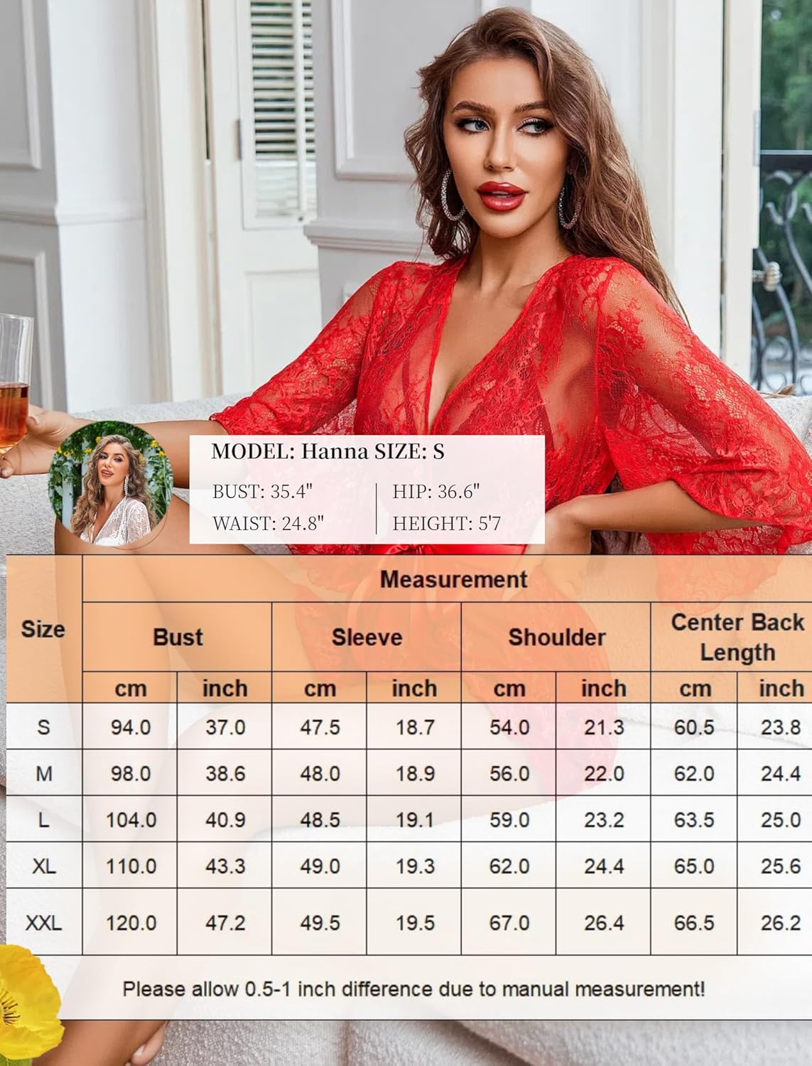 Red lace robe lingerie with size chart. Deep V-neck design, ideal for bridal or honeymoon wear.