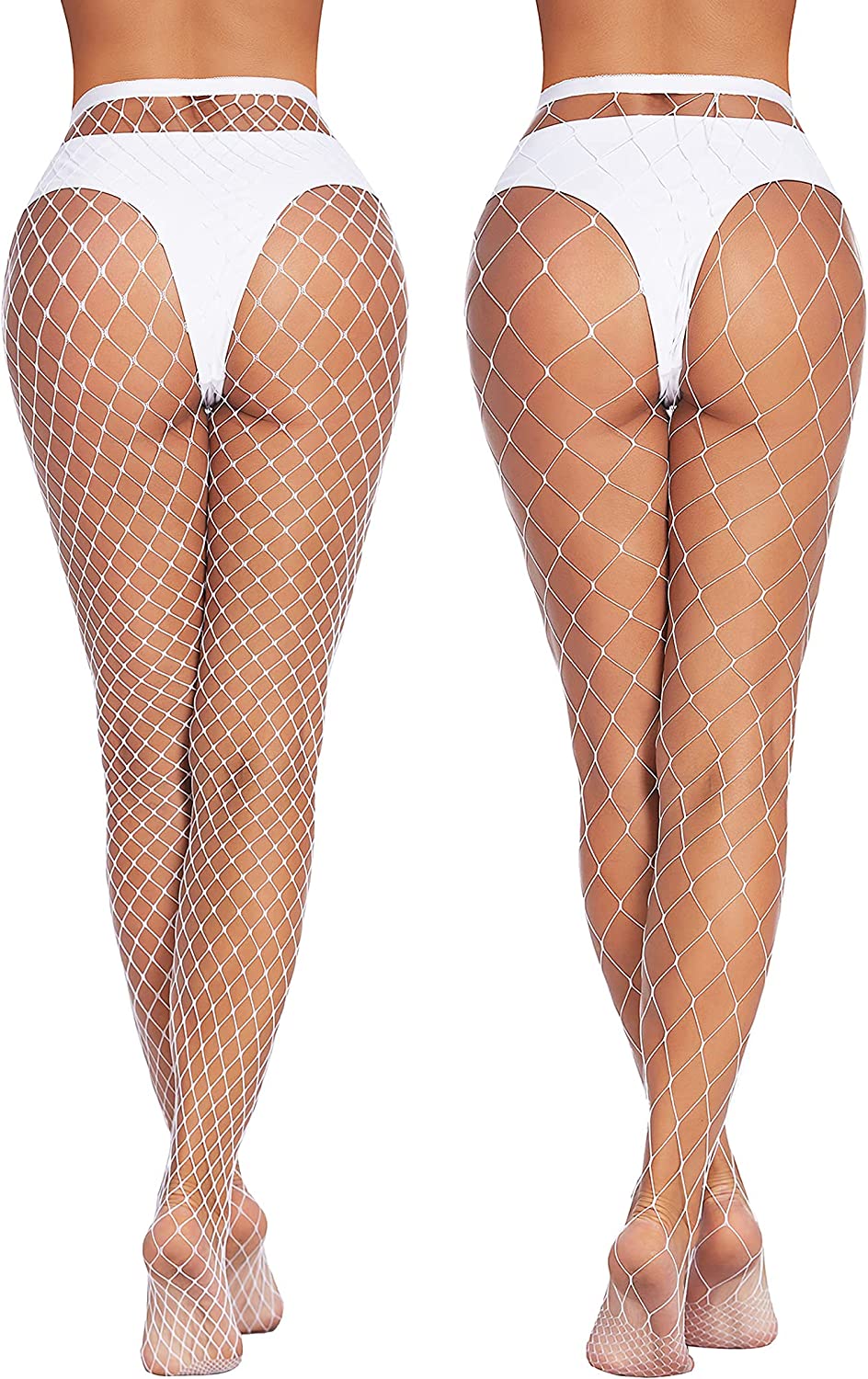 White fishnet stockings, diamond net pattern, confident and sexy look, ideal for plus size lingerie.