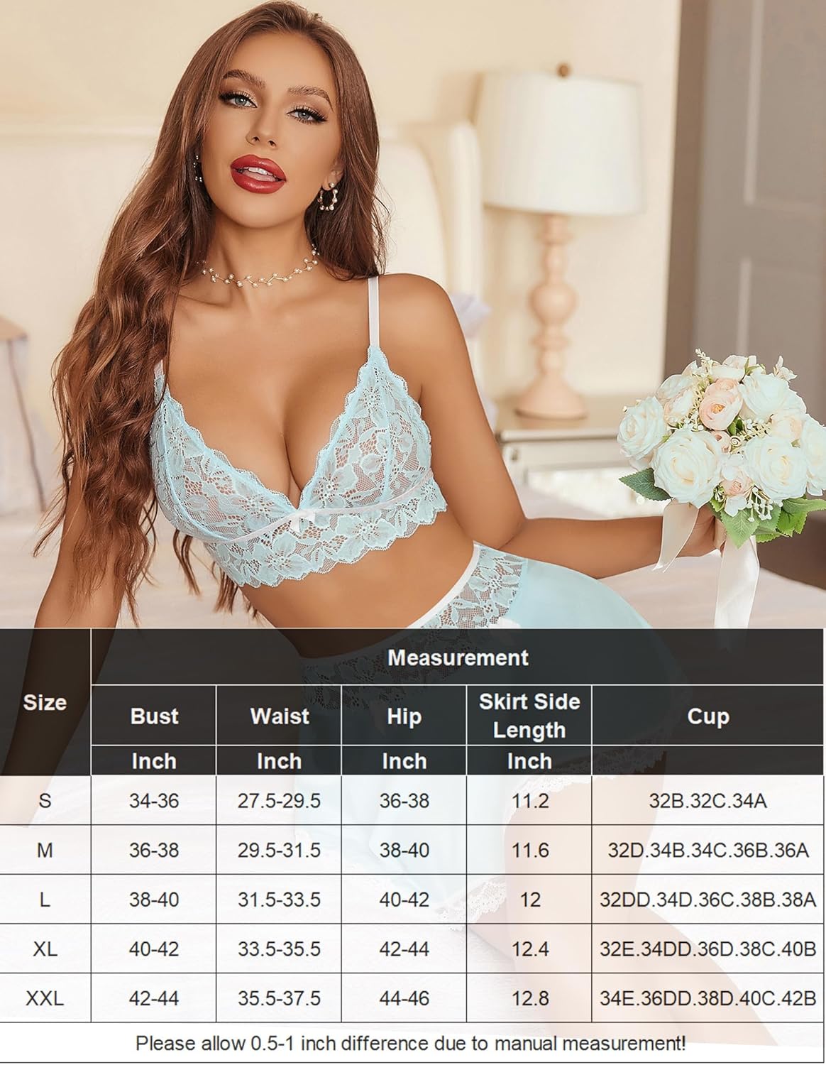 Light blue lace Cosplay Maid set, bralette & mini skirt, measurement chart. Charming, sexy lingerie.