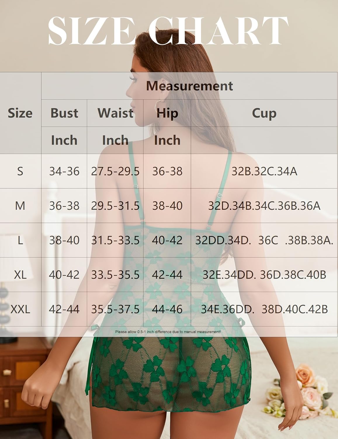 Lace chemise size chart: bust, waist, hip, cup measurements. Model wearing green lingerie.