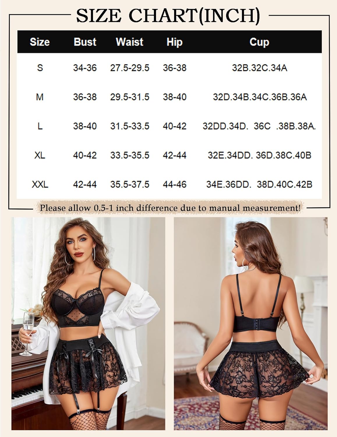 Black lace lingerie set with size chart. Bralette, mini skirt, and g-string. Elegant and sexy.