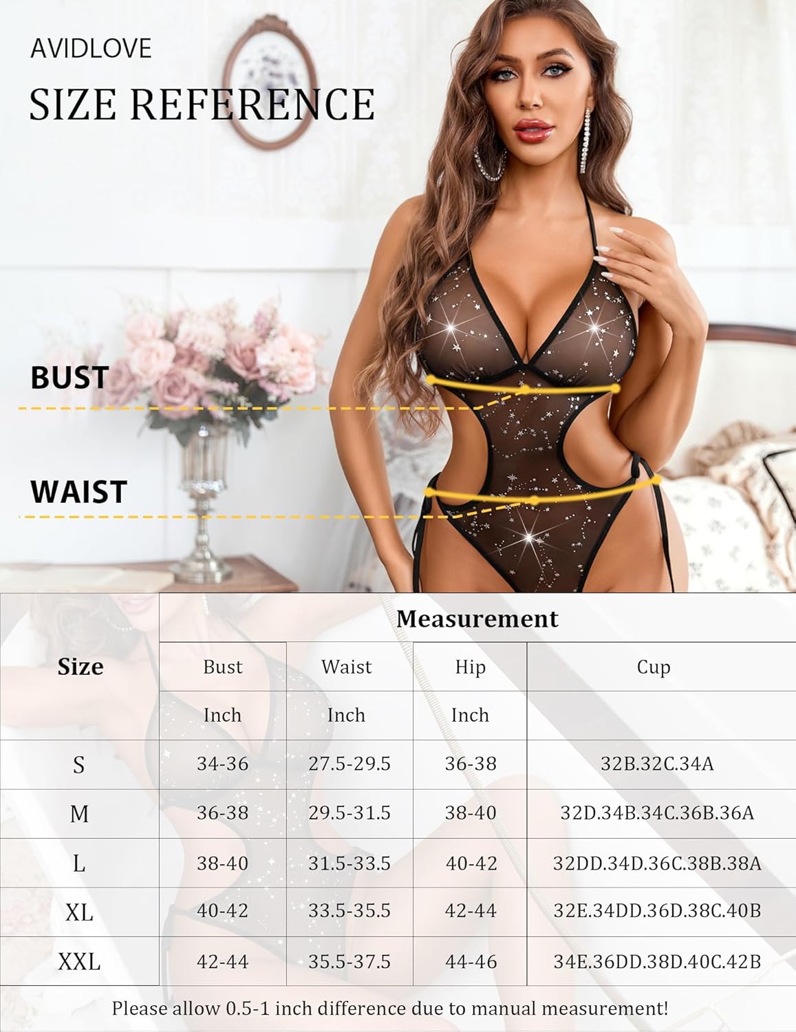 Avidlove black mesh teddy bodysuit size chart. Measurements for lingerie sizes S-XXL.