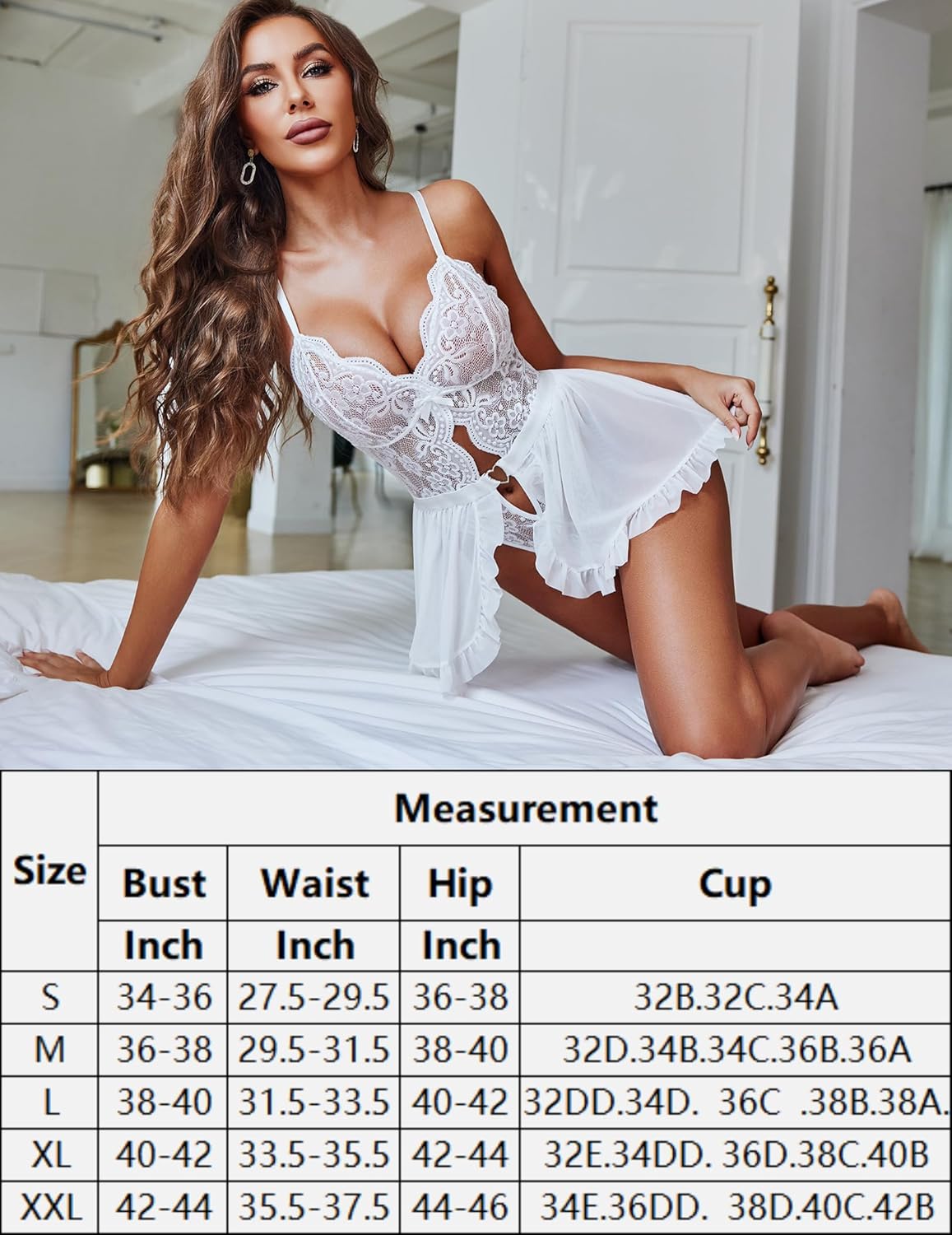 White lace teddy babydoll with deep V-neck, adjustable straps, and flutter hem. Size chart included.