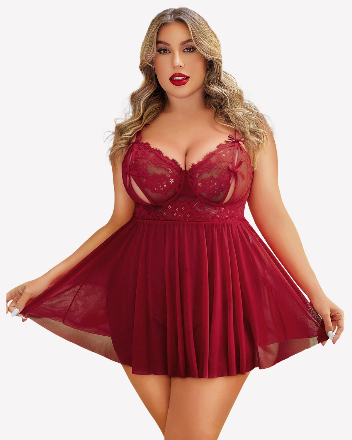 Plus Size Burgundy Lace Babydoll Nighty with Adjustable Straps and Mesh Skirt