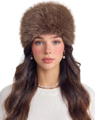 Brown faux fur cossack hat with soft fluffy crown and ear-covering brim