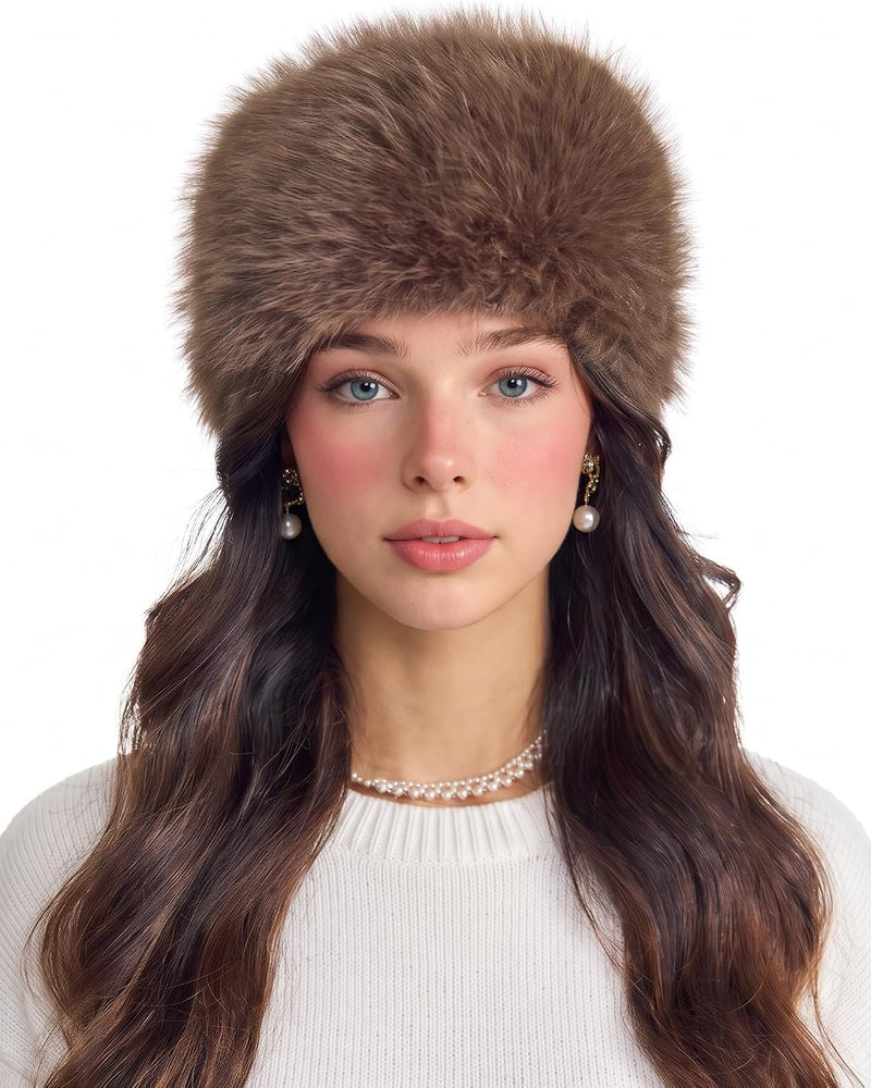 Brown faux fur cossack hat with soft fluffy crown and ear-covering brim