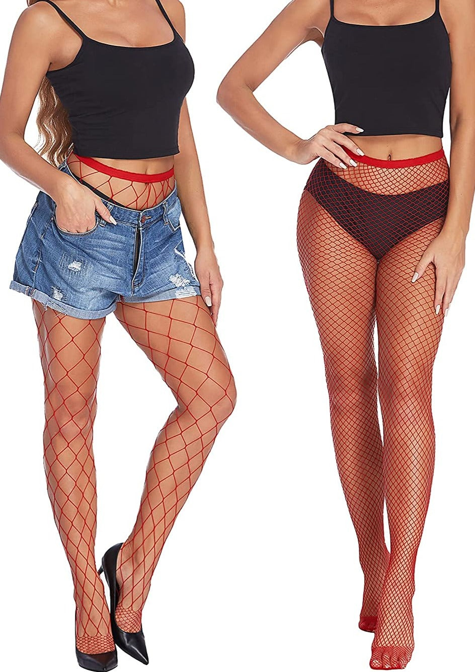 Red fishnet stockings on models, showing the design and fit, perfect for your favorite outfits.