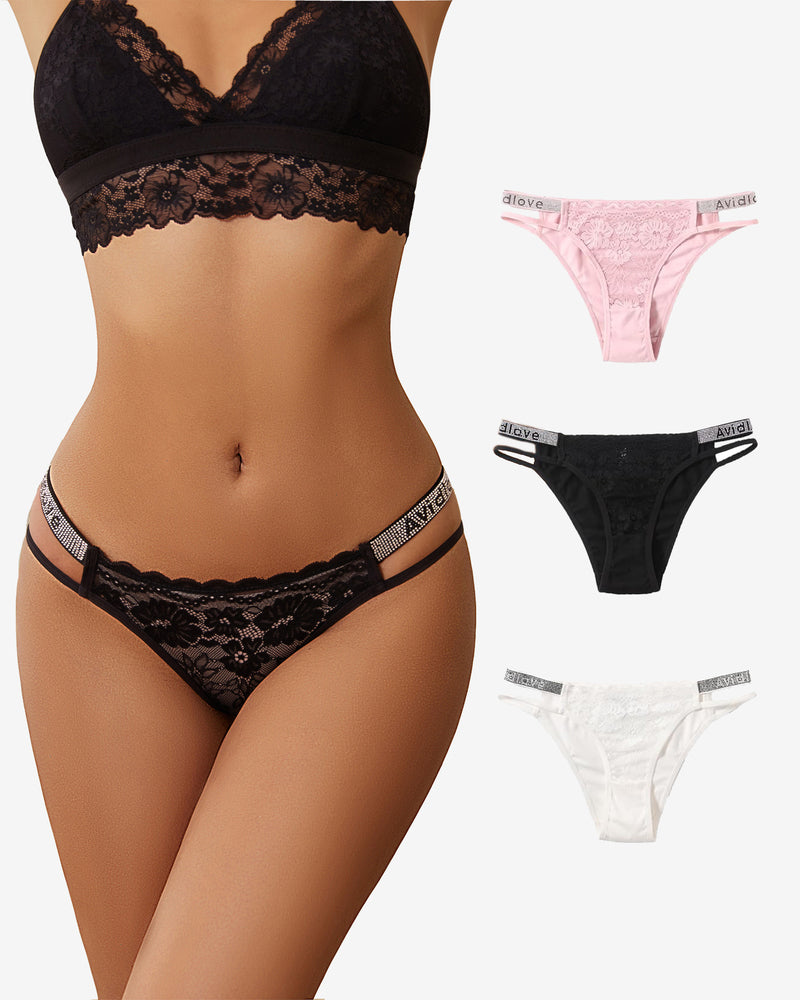 Avidlove floral lace hipster panties with rhinestone straps. Low-rise, in black, pink, and white.