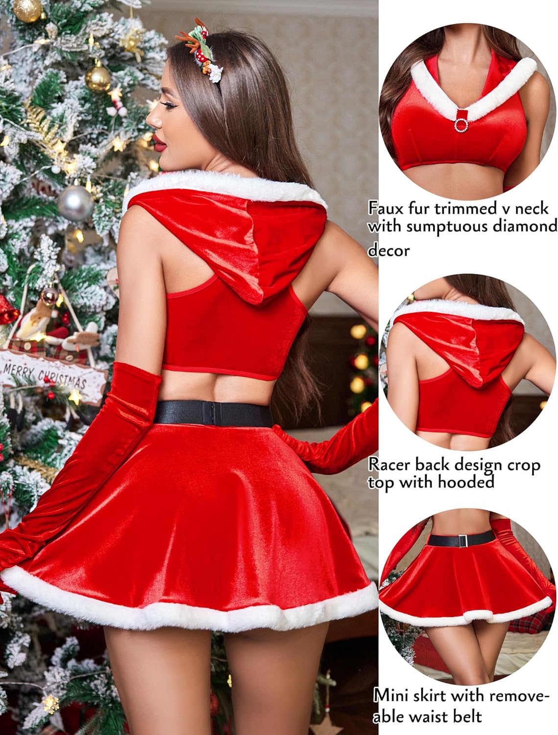 Red Christmas lingerie set with faux fur trim crop top and mini skirt for holidays