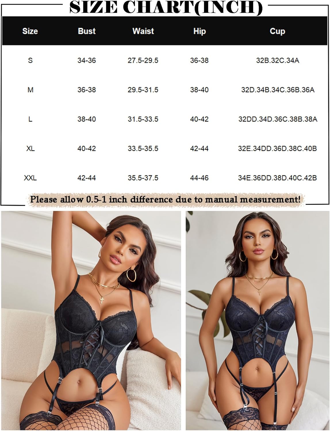 Black lace underwire corset and panty set with garter belt, size chart, elegant lingerie