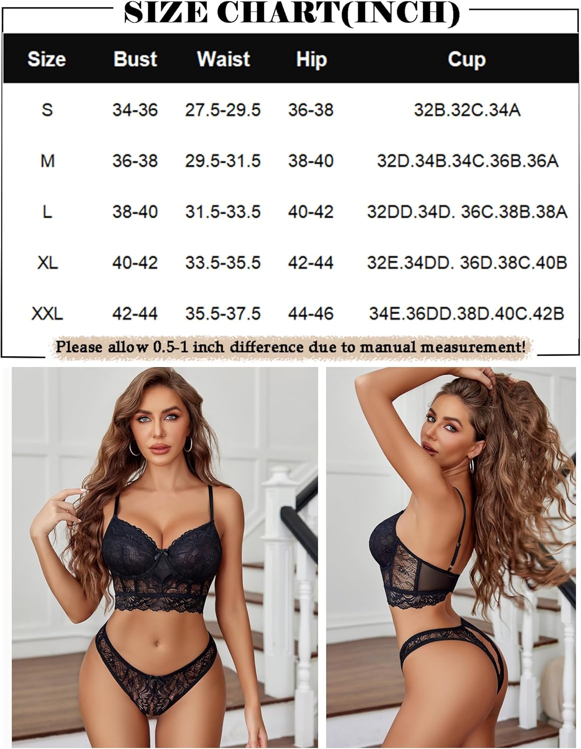 Black lace lingerie set with size chart, bra and crotchless panty, flattering and sexy look