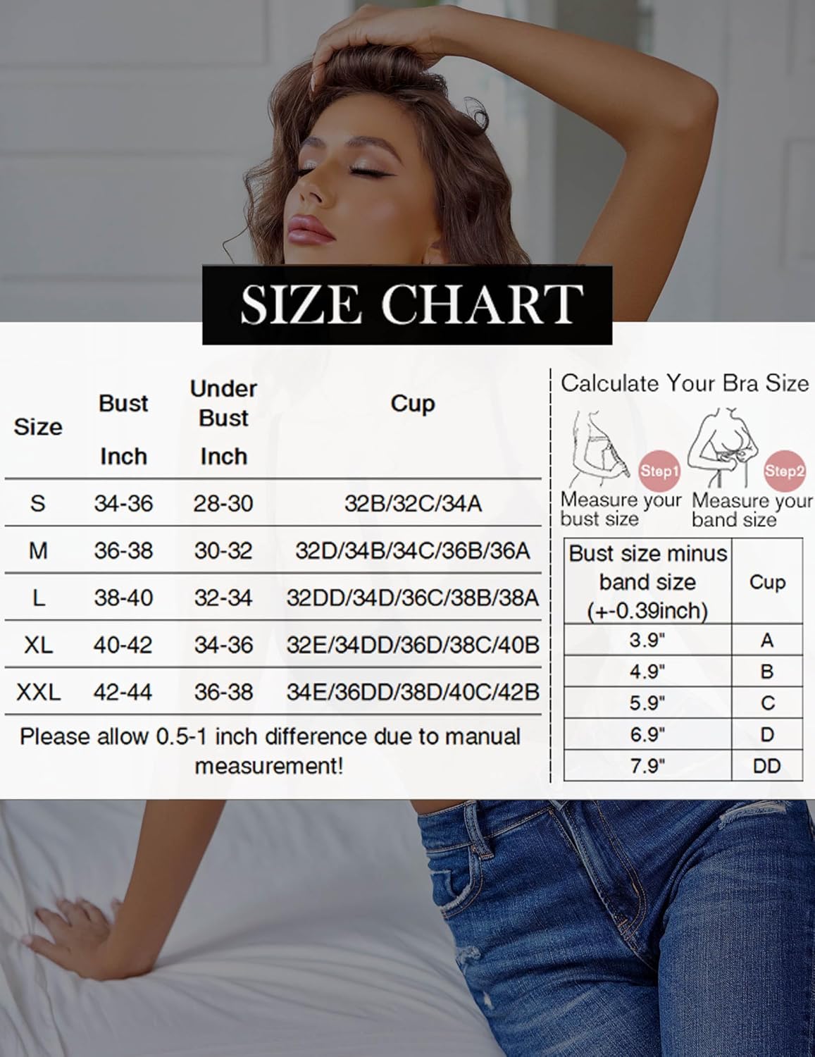 Lace bra size chart: bust, underbust, cup sizes. Find your perfect fit for underwire bras.