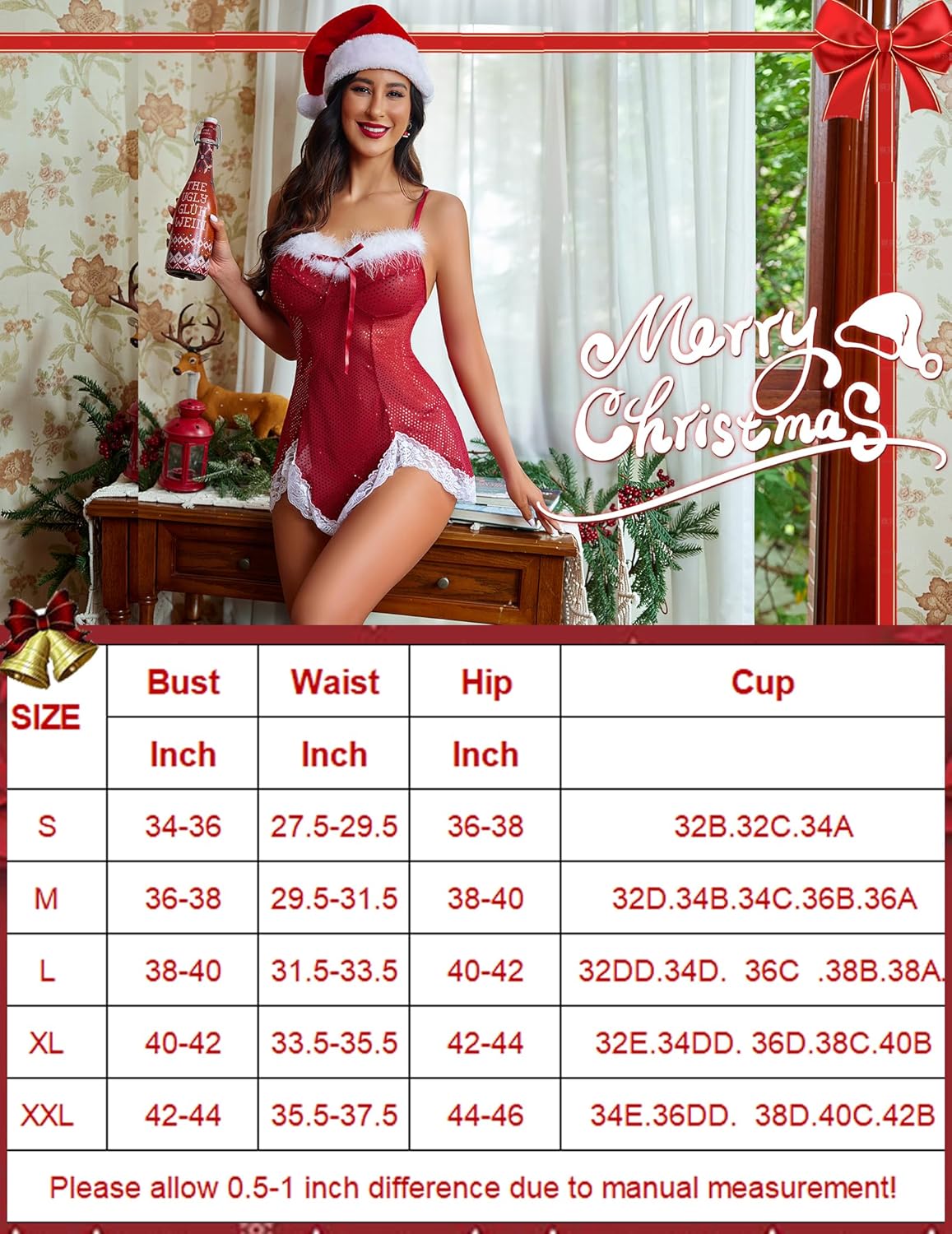 Christmas Lingerie Sequin Santa Dress with Lace Trim and Merry Christmas Text, Size Chart Included