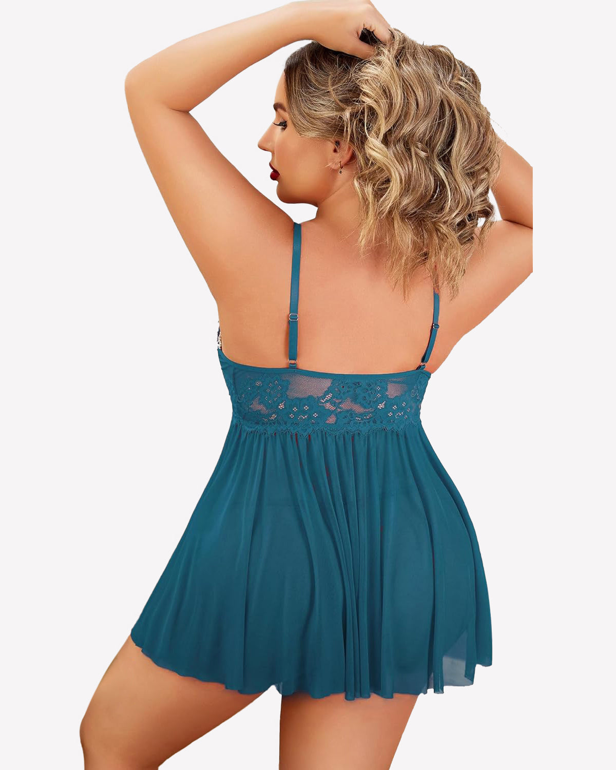 Plus size teal lace babydoll nighty with adjustable straps and flattering design