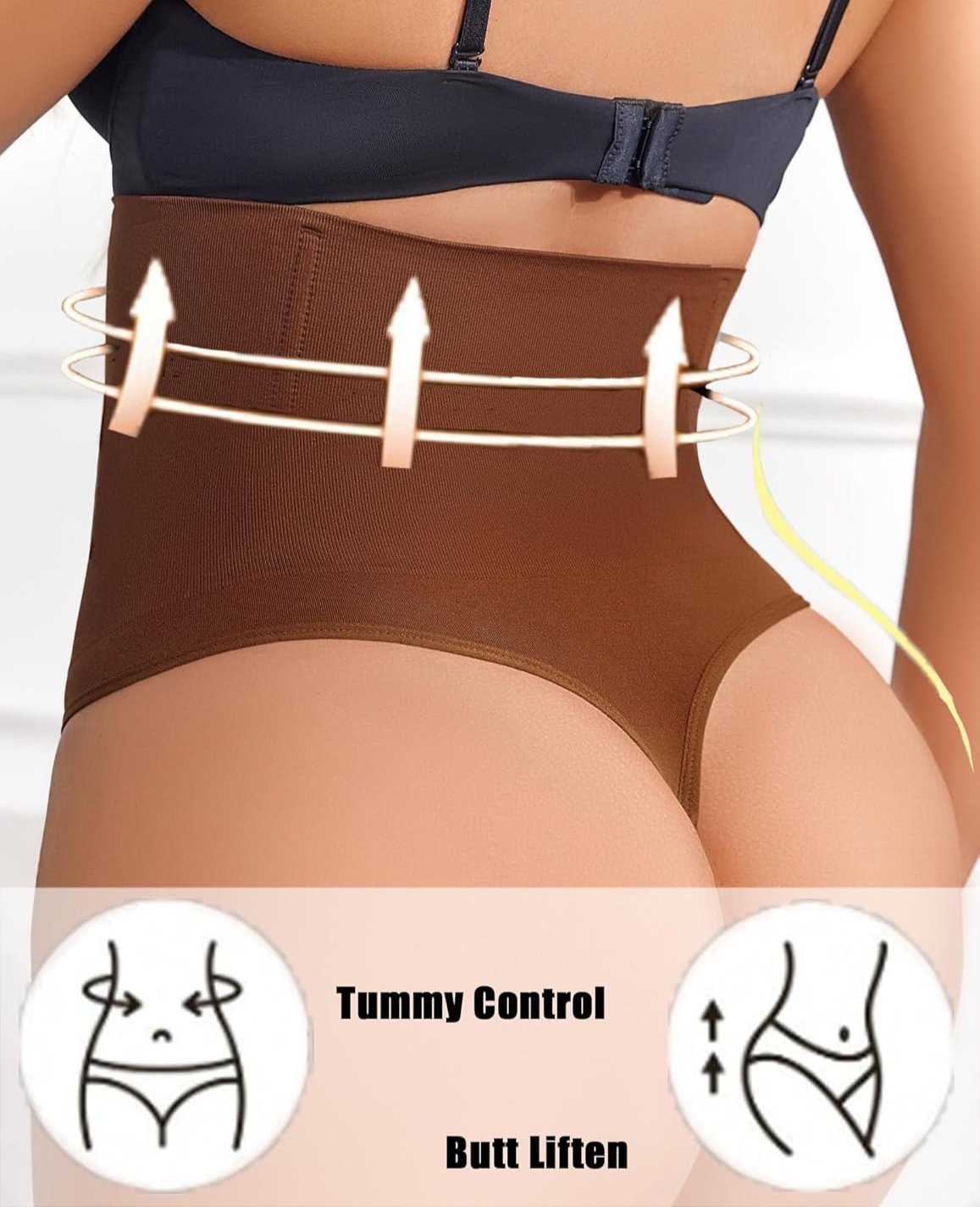 Brown high-waisted tummy control thong shapewear, offering tummy control and butt lift features.