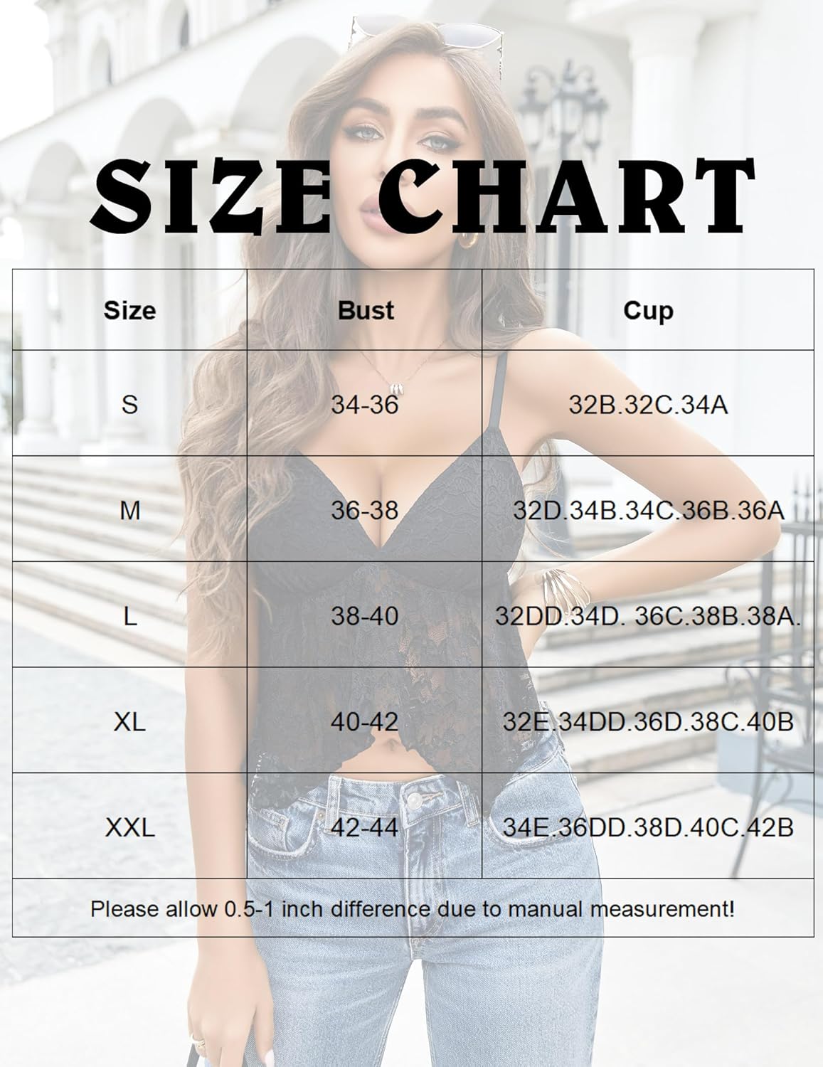 Lace Bralette Size Chart: Bust and Cup measurements for sizes S-XXL. Black lace bralette crop top.