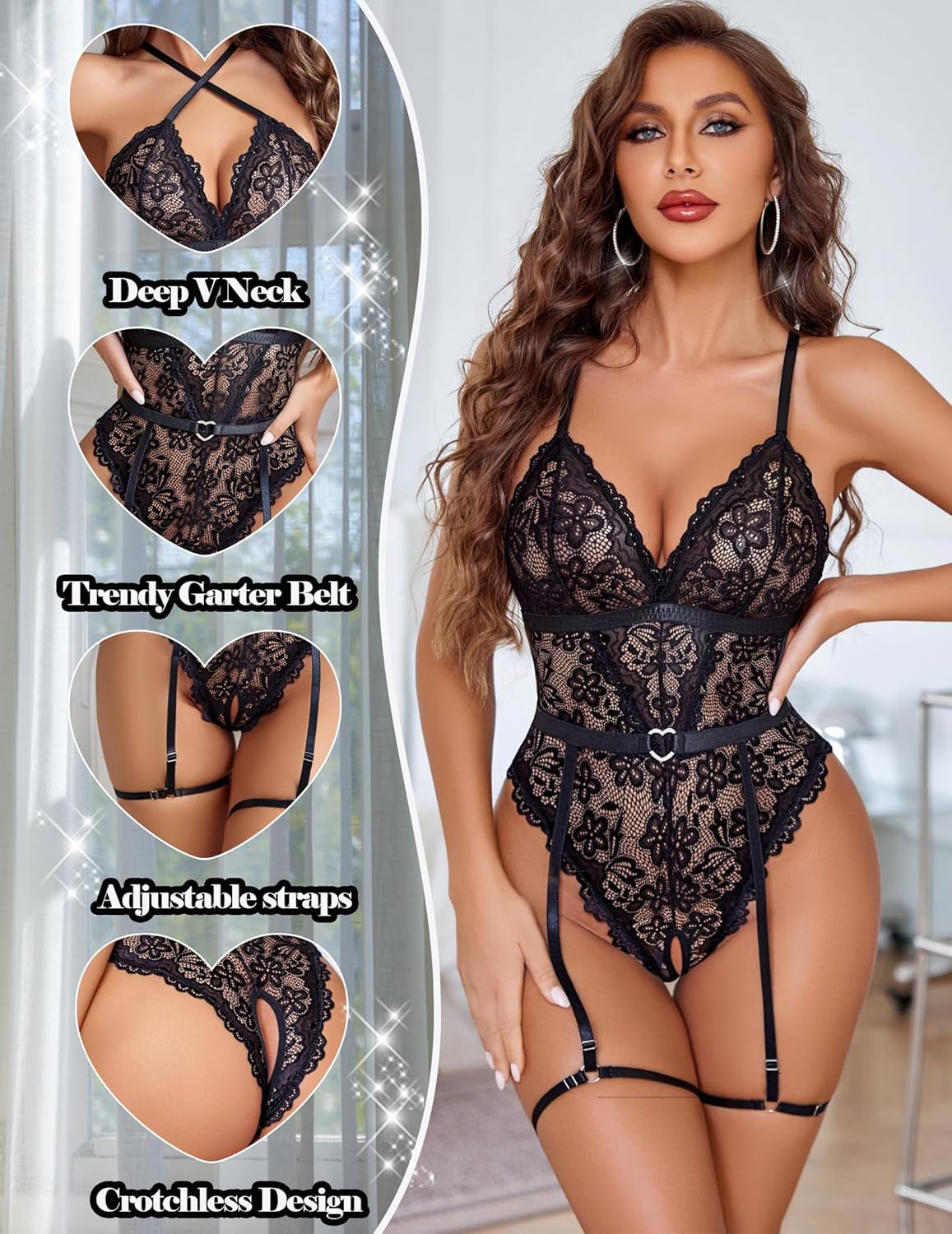 Black lace crotchless bodysuit with garter belt, deep V-neck, and adjustable straps. Sexy lingerie.