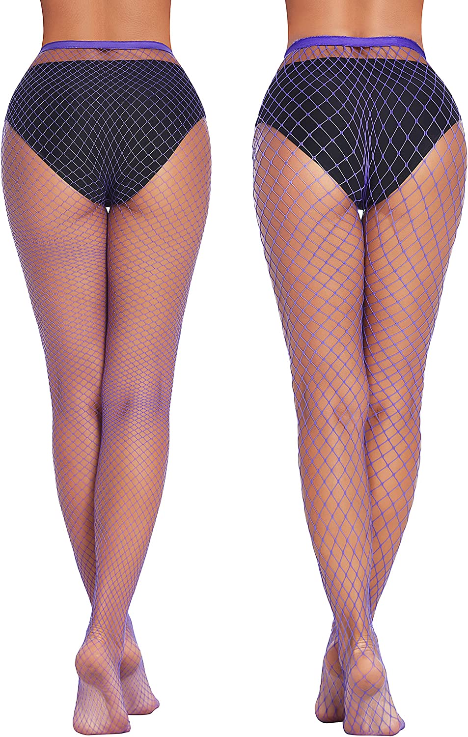 Purple plus size fishnet stockings, diamond net pattern. Confident and sexy appearance.
