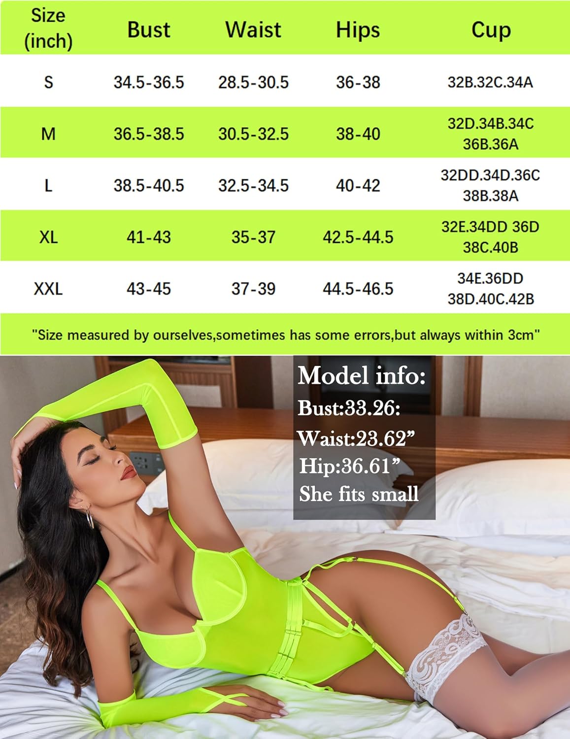 Neon green mesh garter teddy with oversleeves, size chart and model info, sexy lingerie