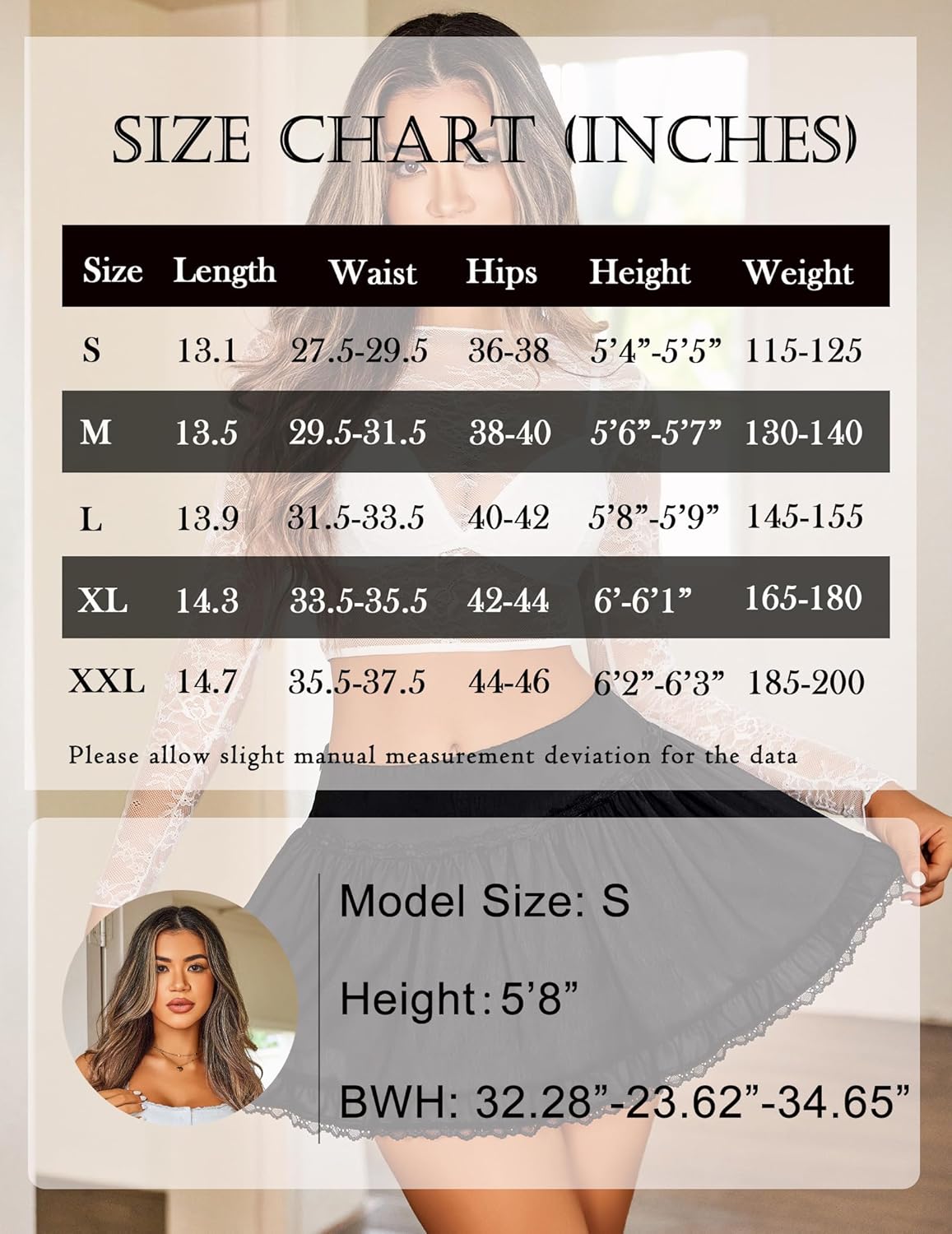 Size chart for Y2K flowy skirt: waist, hips, length measurements. Model size S, height 5'8".