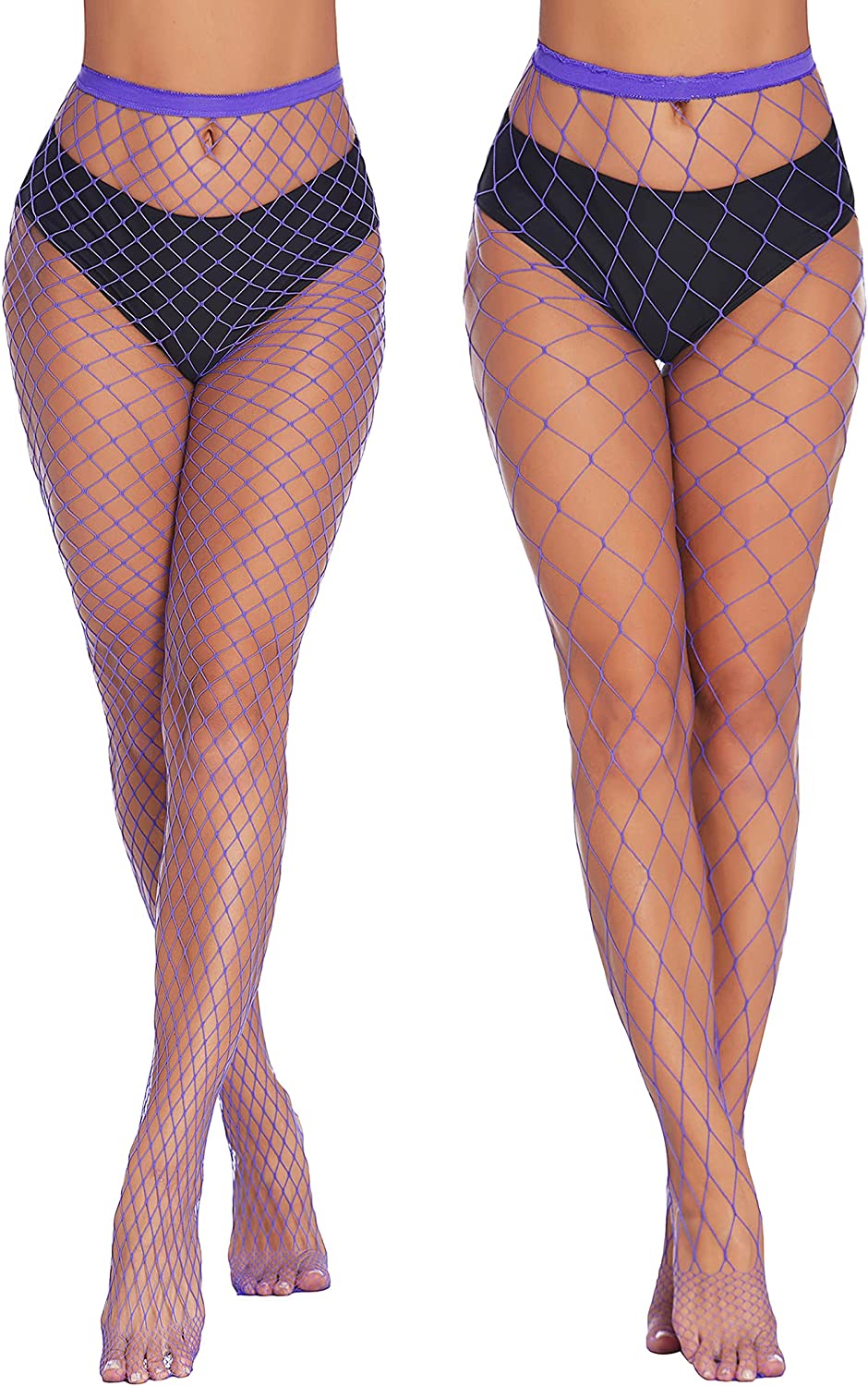 Purple fishnet stockings, diamond net, high-waisted, sexy plus size lingerie.