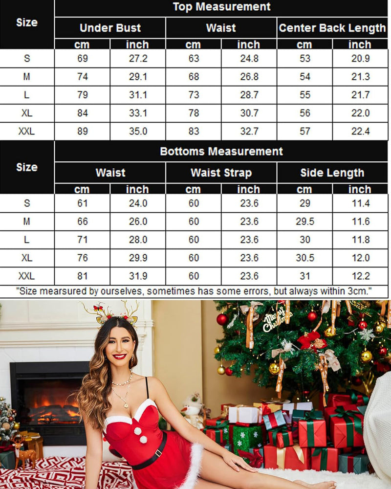 Red velvet Christmas lingerie set with belt, fur trim, and Santa hat. Size chart included.