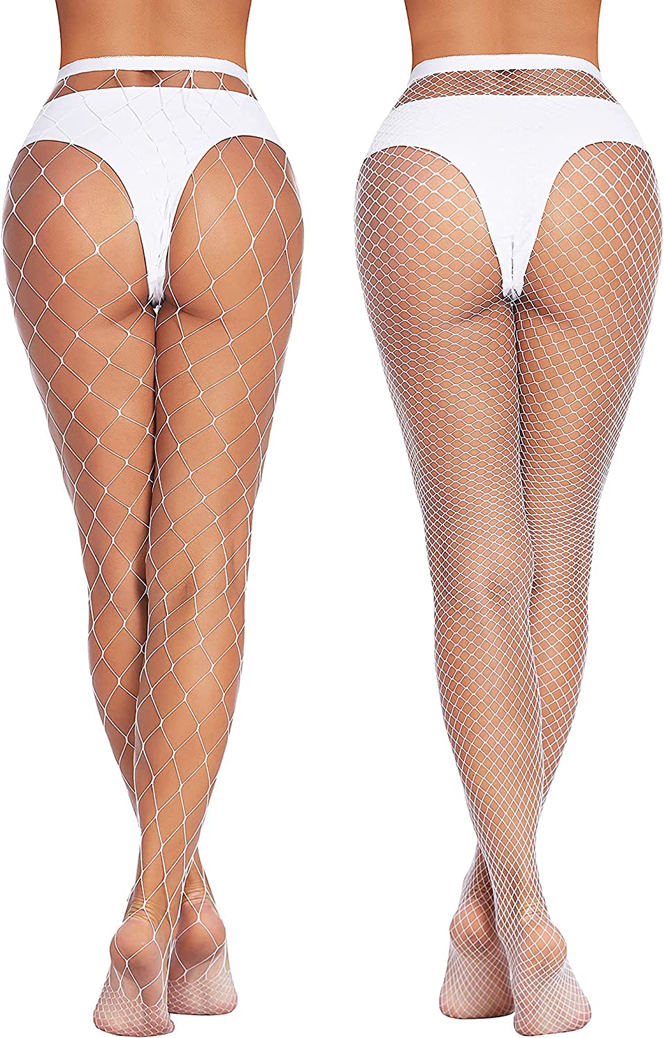 White diamond-net fishnet stockings on models, confident and sexy. Perfect for plus size lingerie.