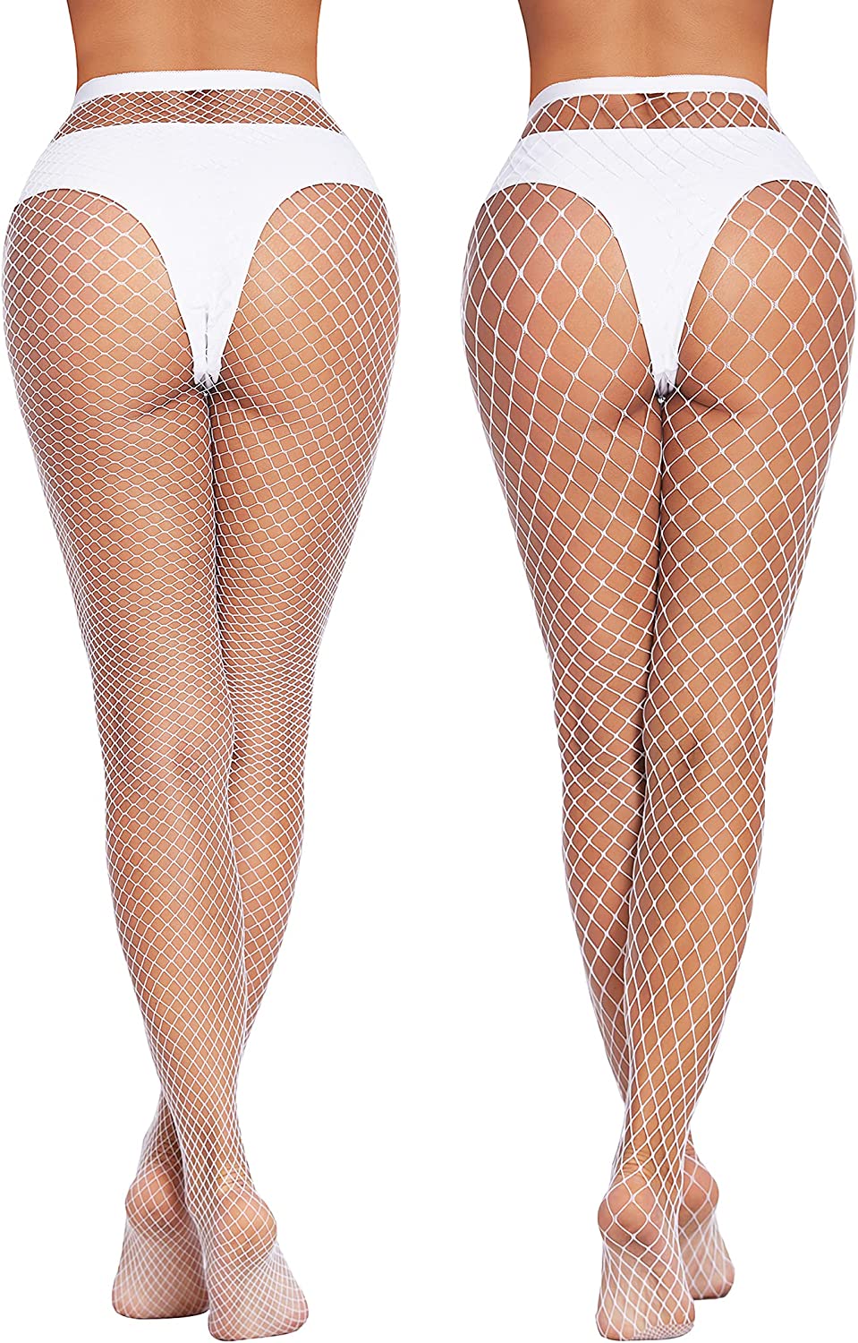 White fishnet stockings, diamond net pattern, confident and sexy look. Ideal for outfits.
