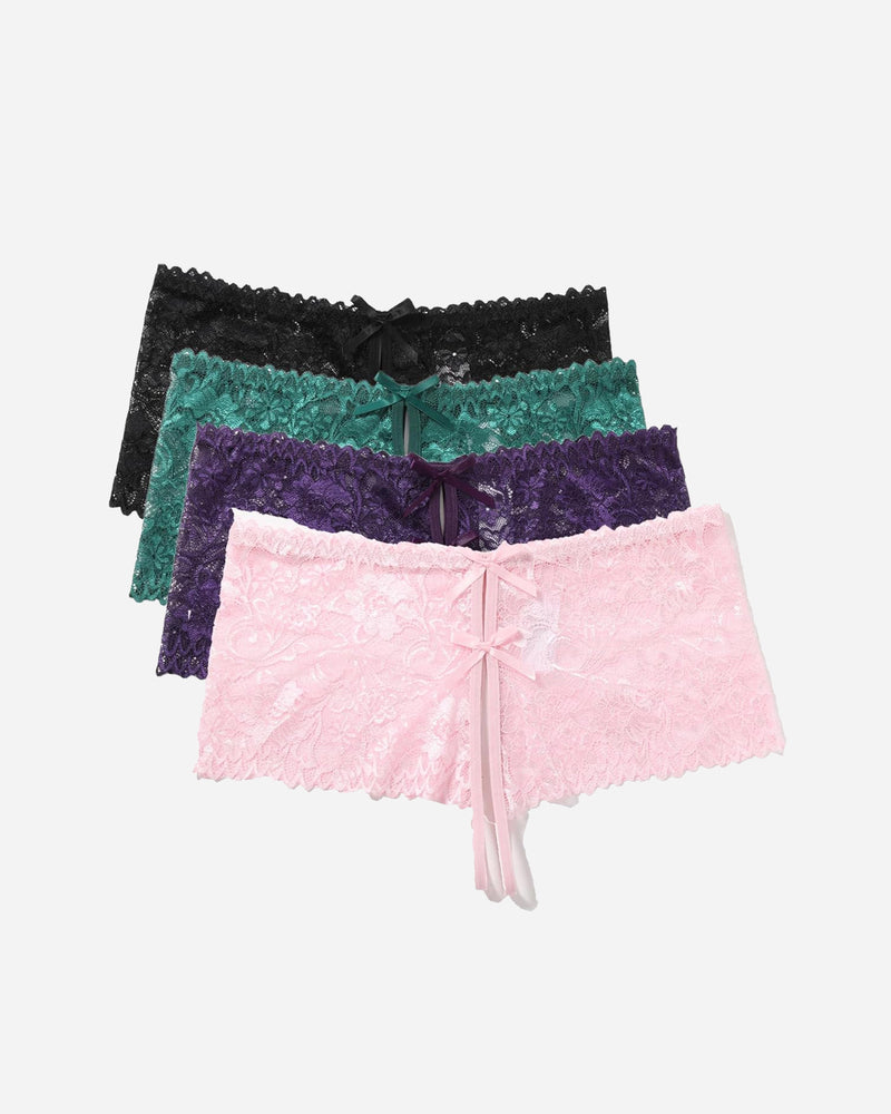 Lace high waist panties in black, green, purple, pink. Bow details, sexy lingerie.