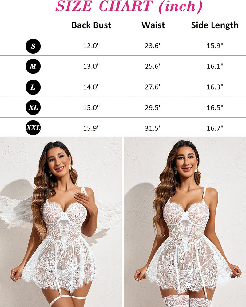 Eyelash lace babydoll dress size chart and models, white lingerie, romantic look.