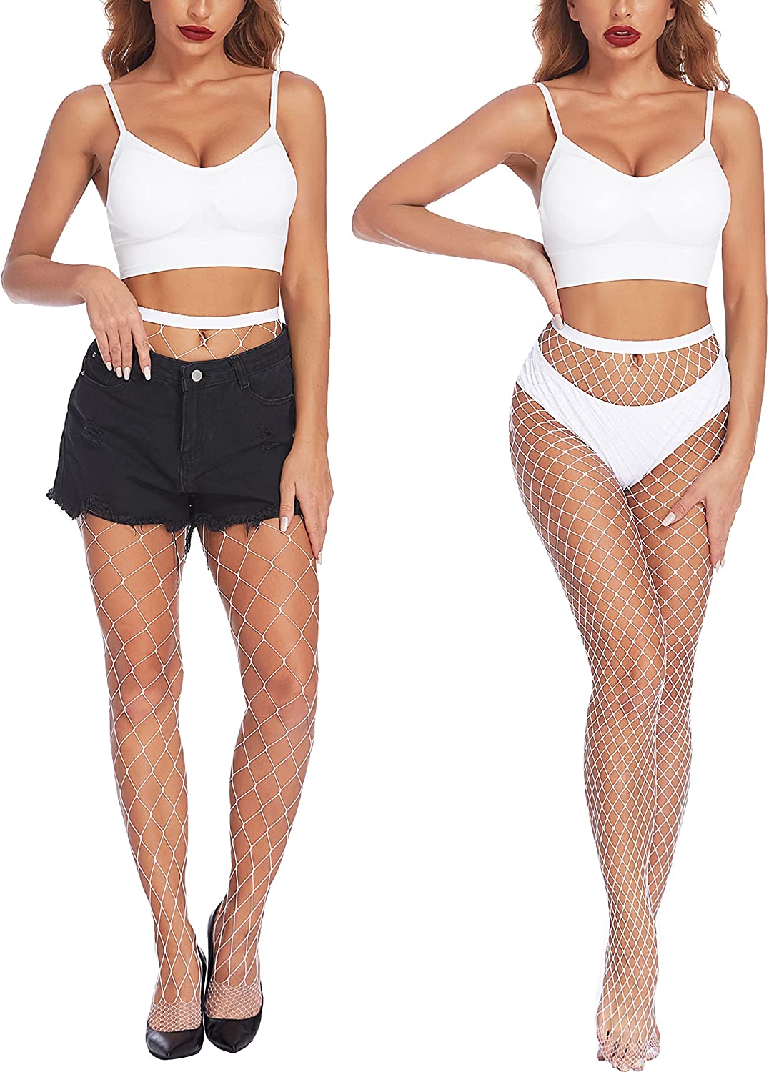 White fishnet stockings with diamond net pattern. Confident look, paired with shorts and tops.