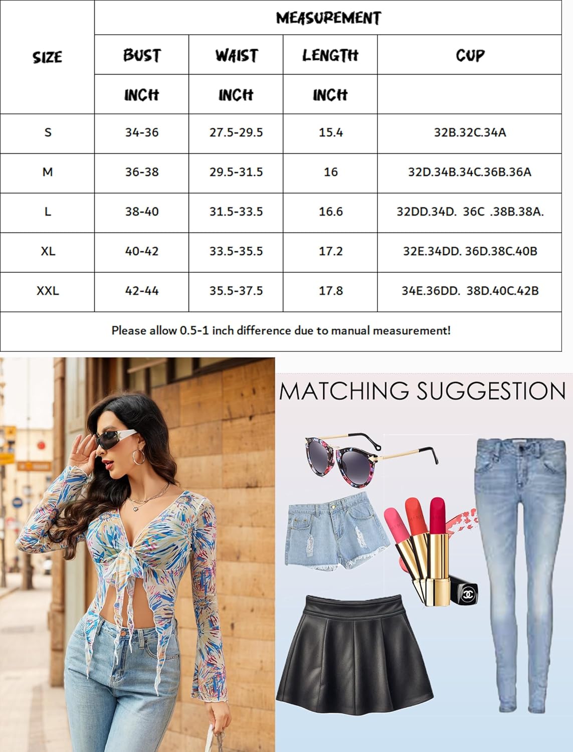 Y2K mesh crop top with size chart and matching suggestions. Long sleeves, sexy lingerie style.