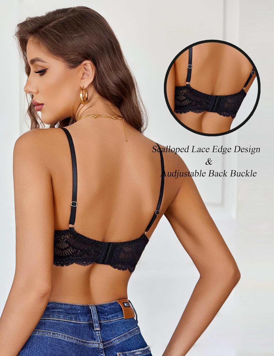 Black lace underwire bra with scalloped edge and adjustable back buckle. Sexy lingerie for women.