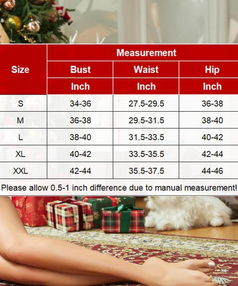 Christmas Santa dress size chart: bust, waist, hip measurements for a perfect fit. Sizes S-XXL.