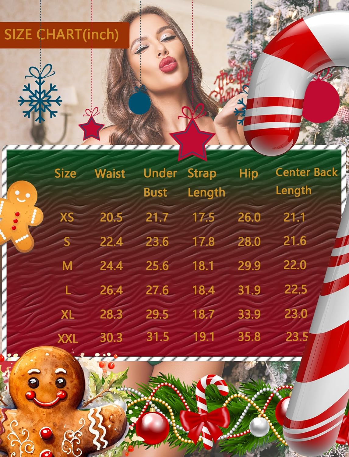 Lingerie size chart for lace-up V-neck teddy nighty; featuring bust, waist, and hip measurements.