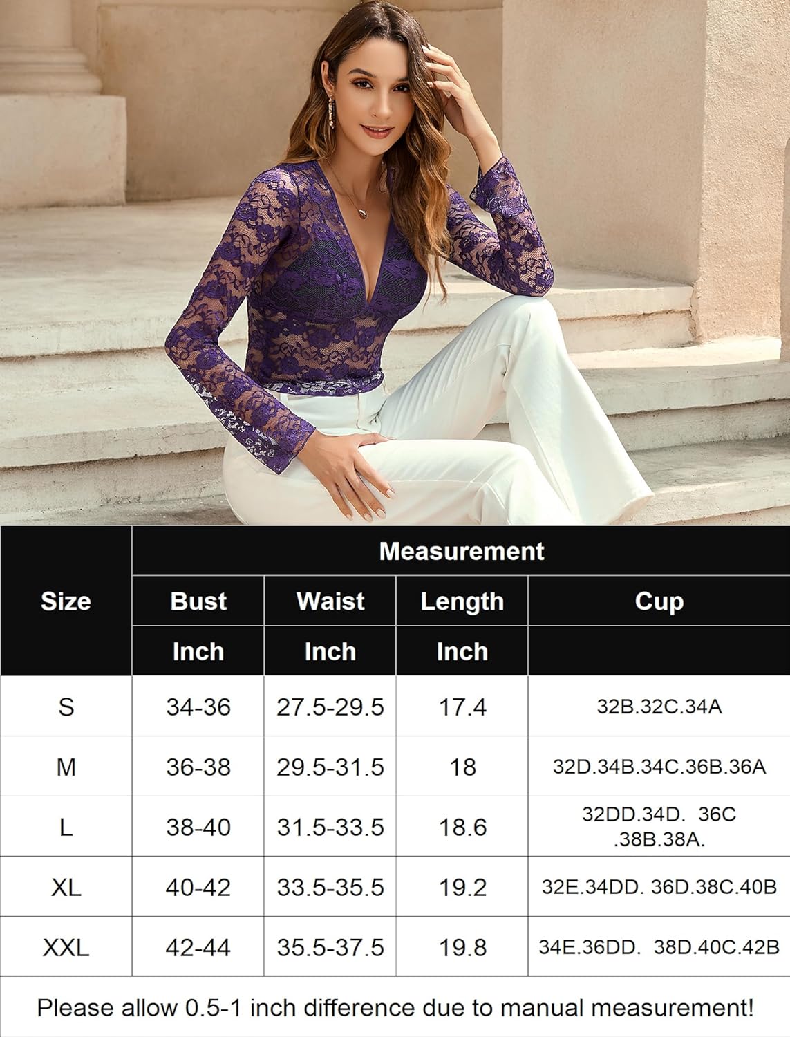 Purple floral lace long sleeve blouse; sheer sexy top, with size chart