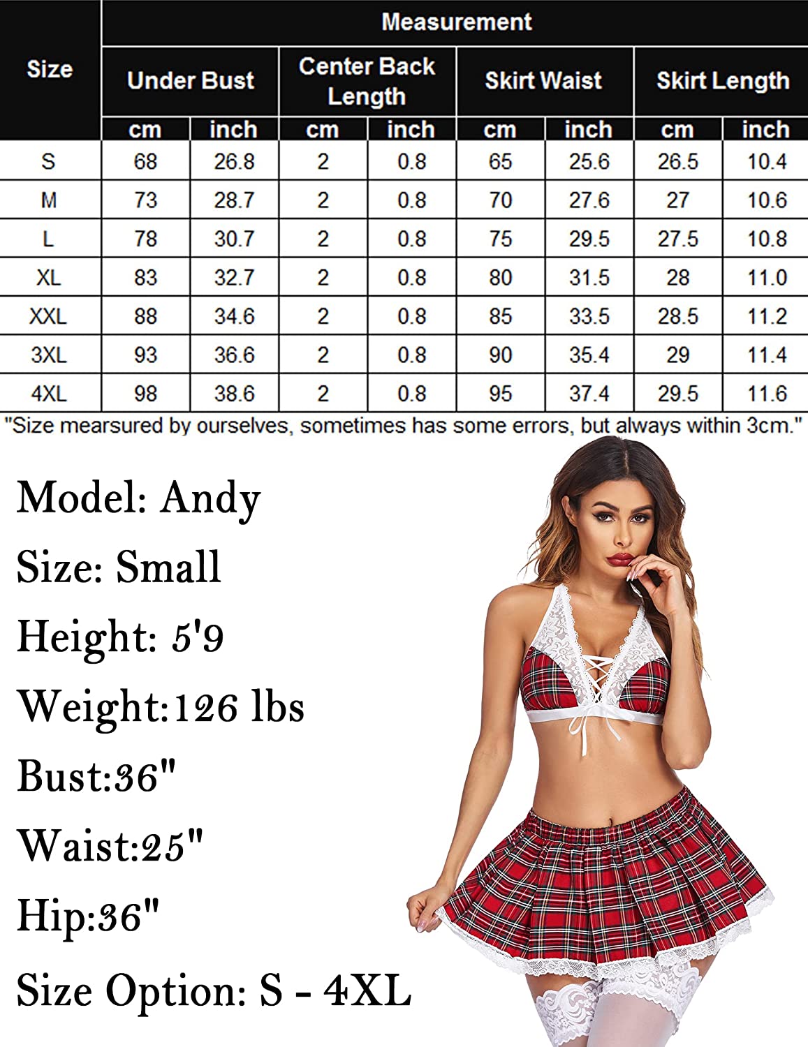 Red plaid schoolgirl lingerie set with lace, size chart and model info, cosplay costume S-4XL