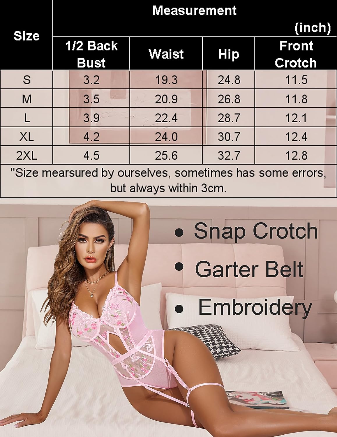 Pink floral embroidered lace bodysuit with garter belt and measurement chart. Avidlove lingerie.