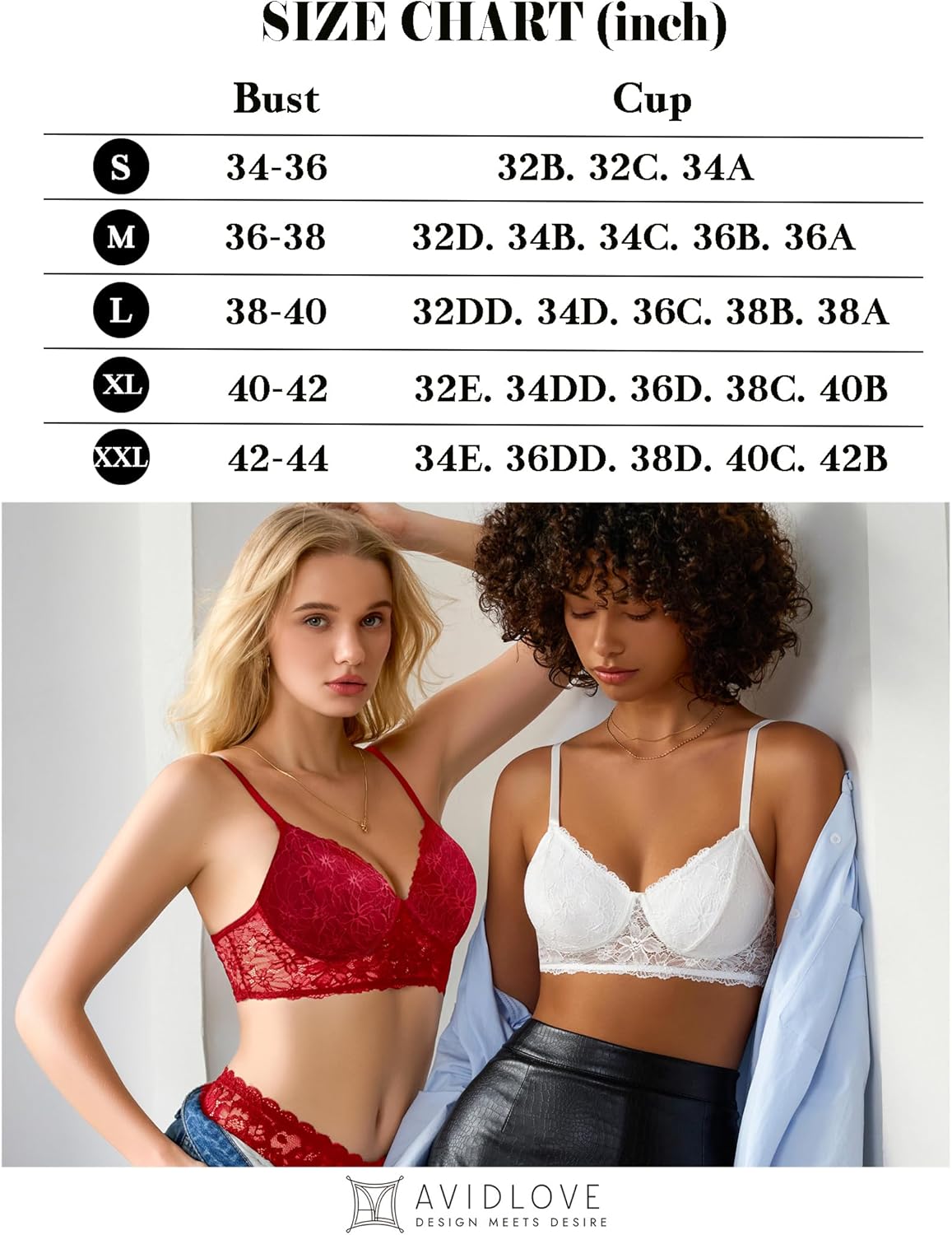 Avidlove lace bralette size chart, featuring red and white lace bras, perfect for everyday wear.