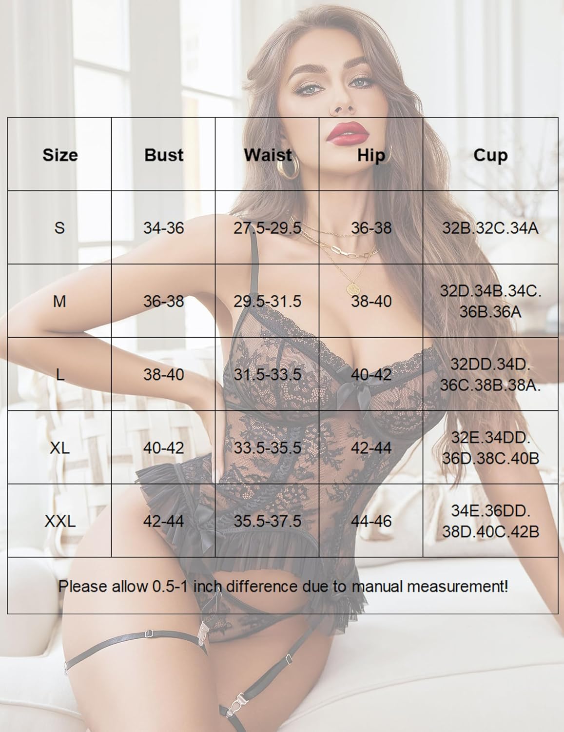 Black lace corset lingerie set size chart: bust, waist, hip, and cup measurements for sizes S-XXL