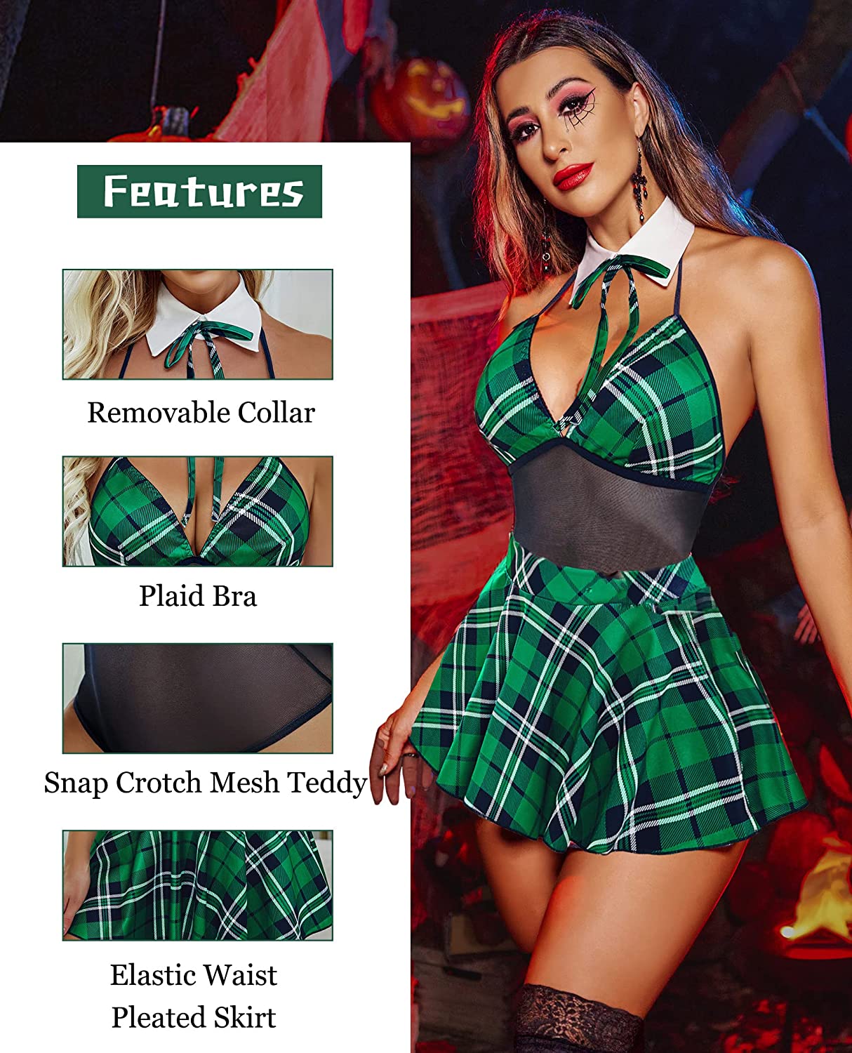 Green plaid schoolgirl lingerie: removable collar, halter top, mesh teddy, pleated skirt, cosplay.