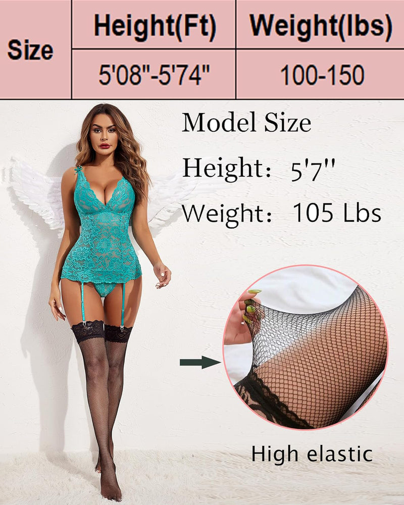 Model in fishnet thigh-high stockings, emphasizing high elasticity, ideal for women's sexy lingerie