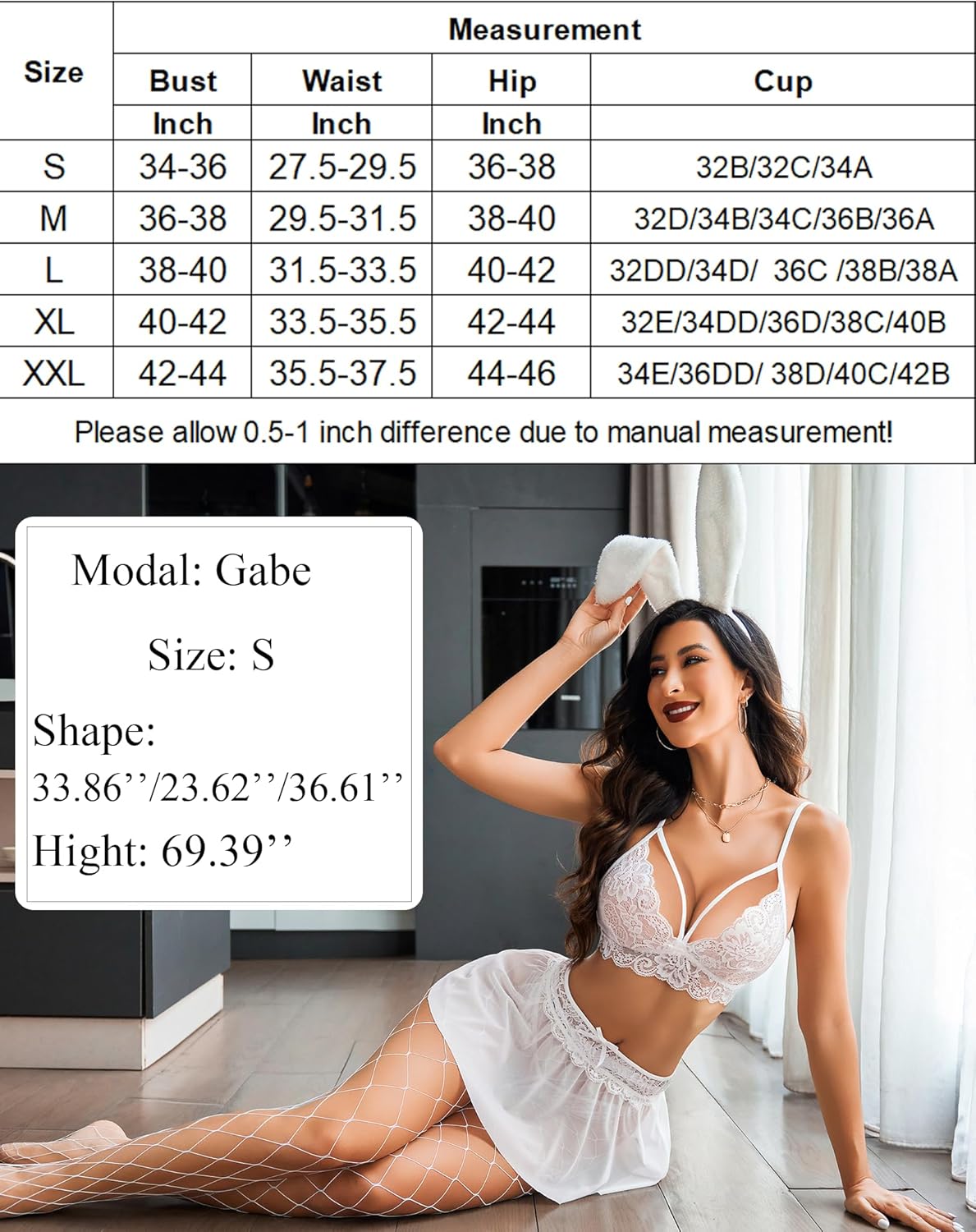 Avidlove white lace bralette and skirt set, with size chart, perfect for intimate moments.
