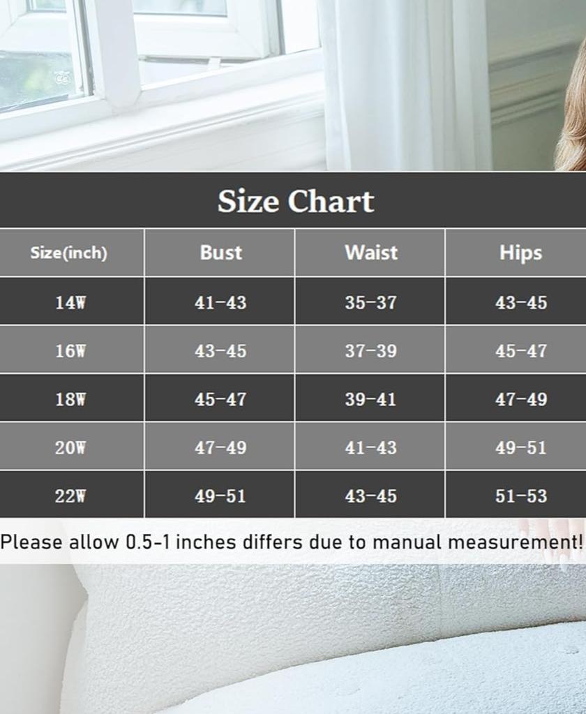 Plus size nightie size chart with bust, waist, and hip measurements for sizes 14W to 22W.