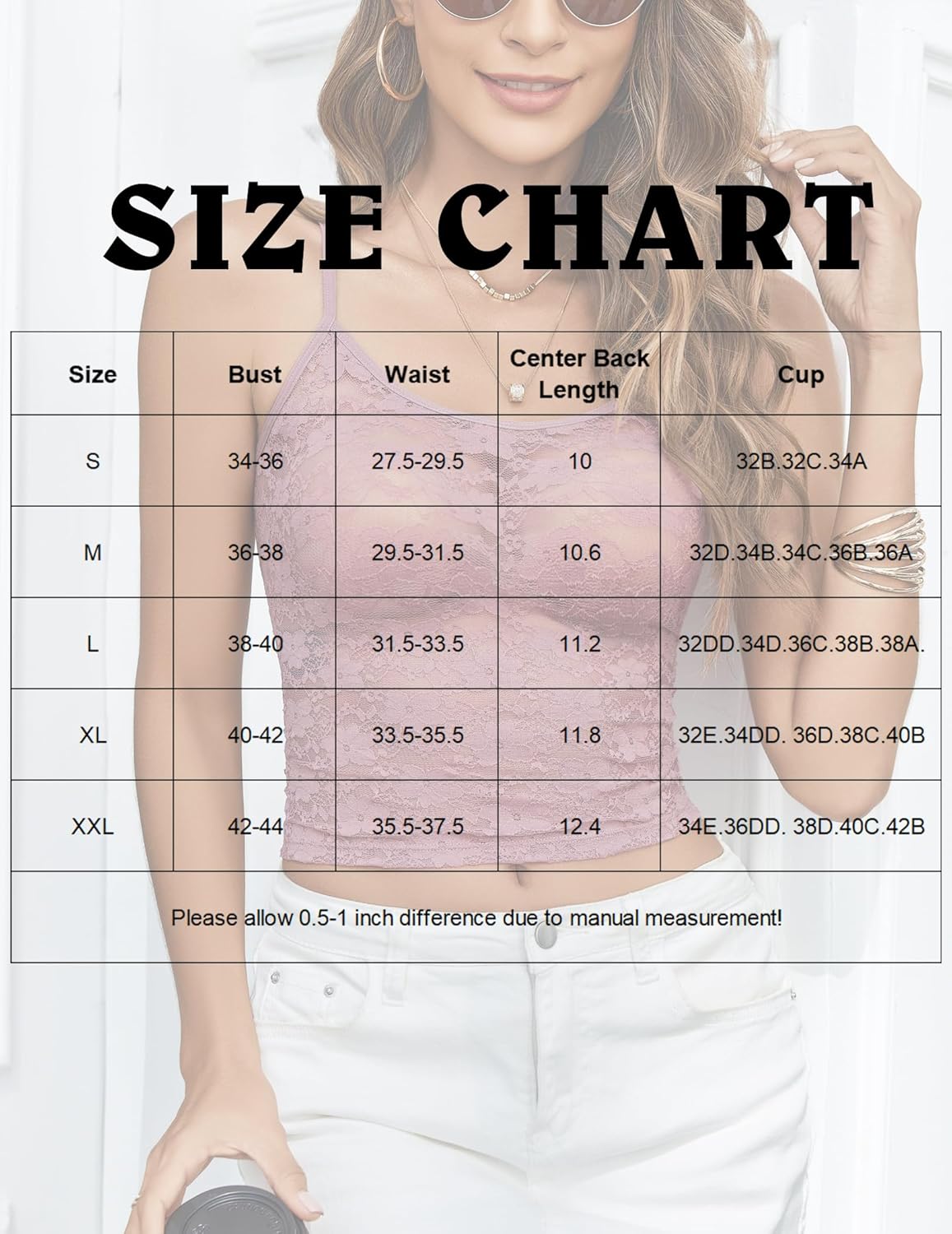 Y2k crop top size chart with bust, waist, and cup measurements for sizes S-XXL, pink lace crop top.